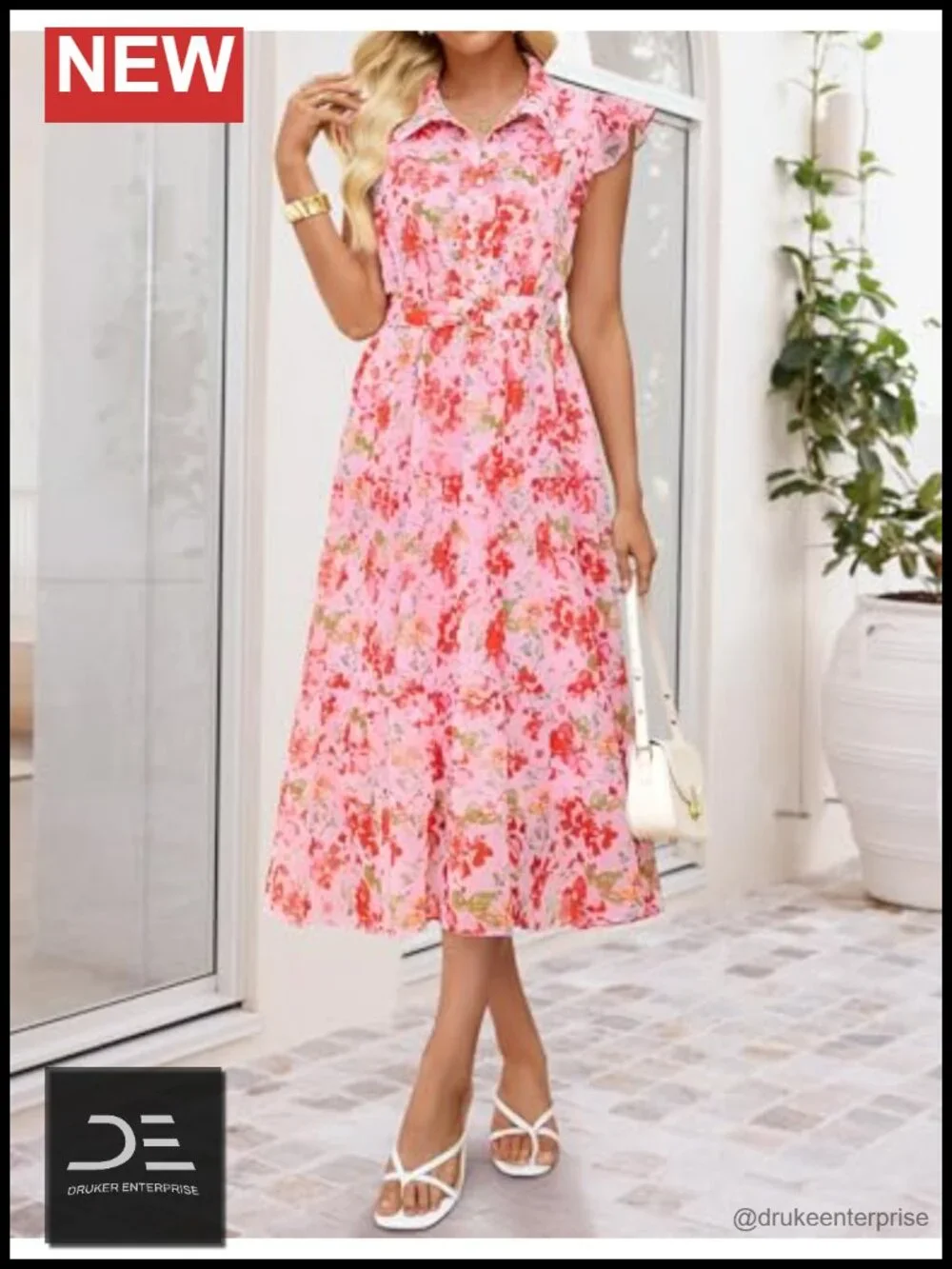 Floral Flutter Short Sleeve Chiffon Midi Dress with Belt